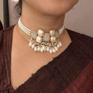 Gulnaz Raw Stone & Pearl Choker Set with Earrings