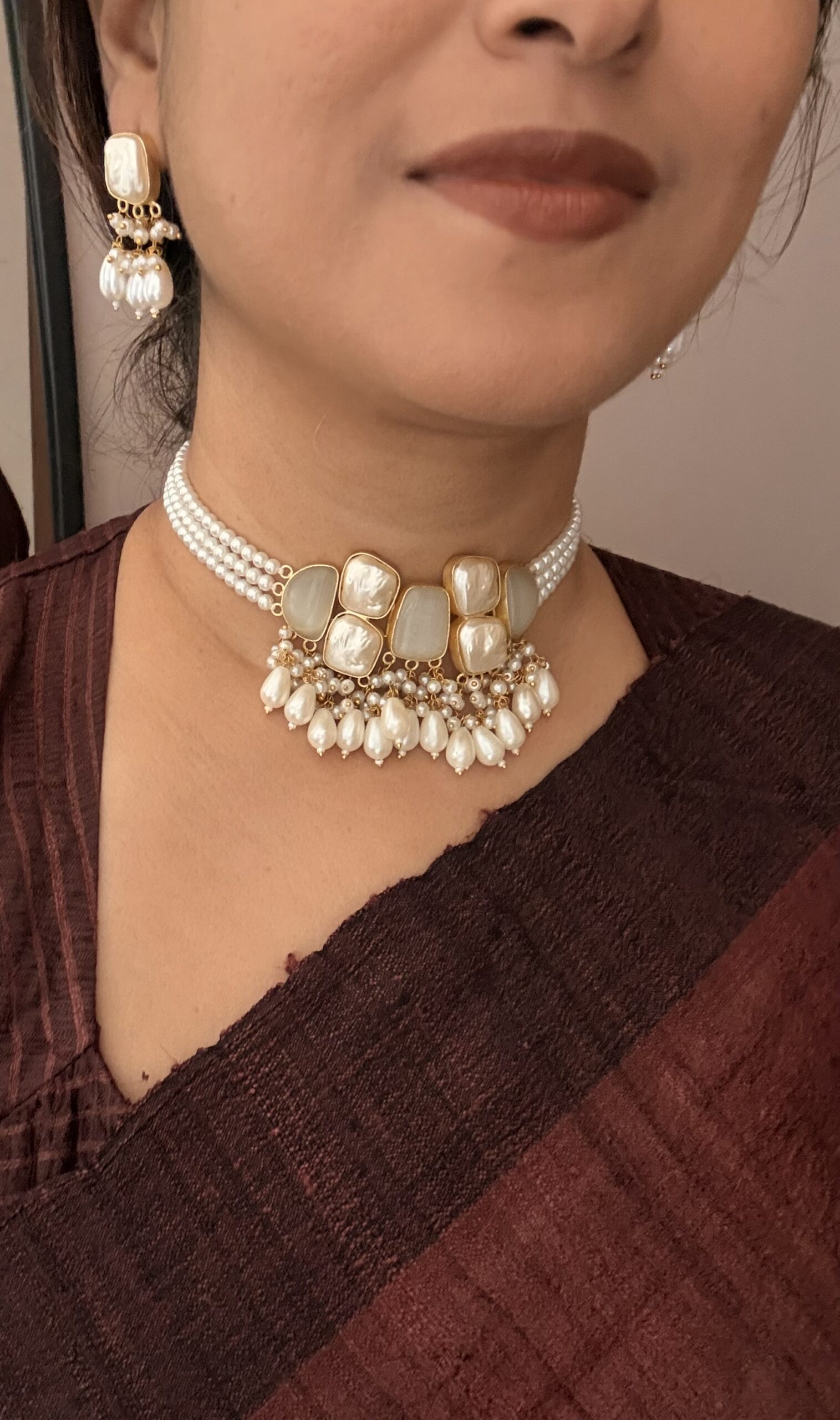 Gulnaz Raw Stone & Pearl Choker Set with Earrings