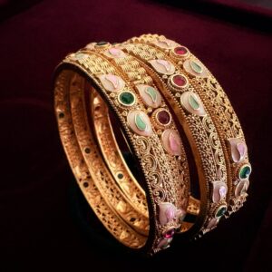 Set of 4 Chatai weave golden bangles with Meenakari work