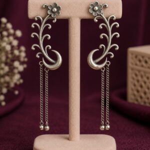 Floral Vine & Crescent Oxidized Silver Bugadi Drop Earrings