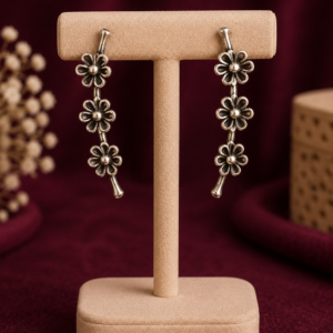 Triple Floral Vine Oxidized Silver Bugadi Earrings